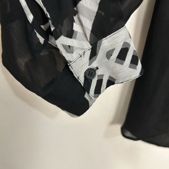 Chico's Womens 2 (Large) Black/White Tie Bottom Blouse Long Sleeve Sheer - Picture 7 of 8